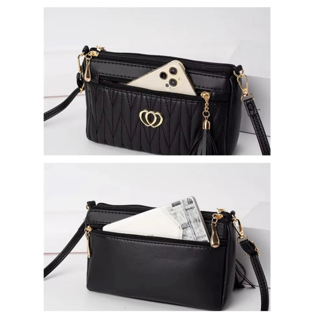 Women's PU Leather Zipper Sling Bag (Black)