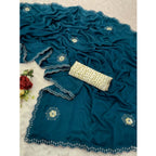 Women's Chiffon Butti Dotted Saree With Unstitched Blouse 5.5Mtr (Blue)