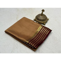 Women's Crepe Chit Pallu Solid Saree With Unstitched Blouse 5.5Mtr (Beige)