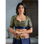 Women's Satin Crepe Printed Saree With Unstitched Blouse 5.5Mtr (Navy Blue)