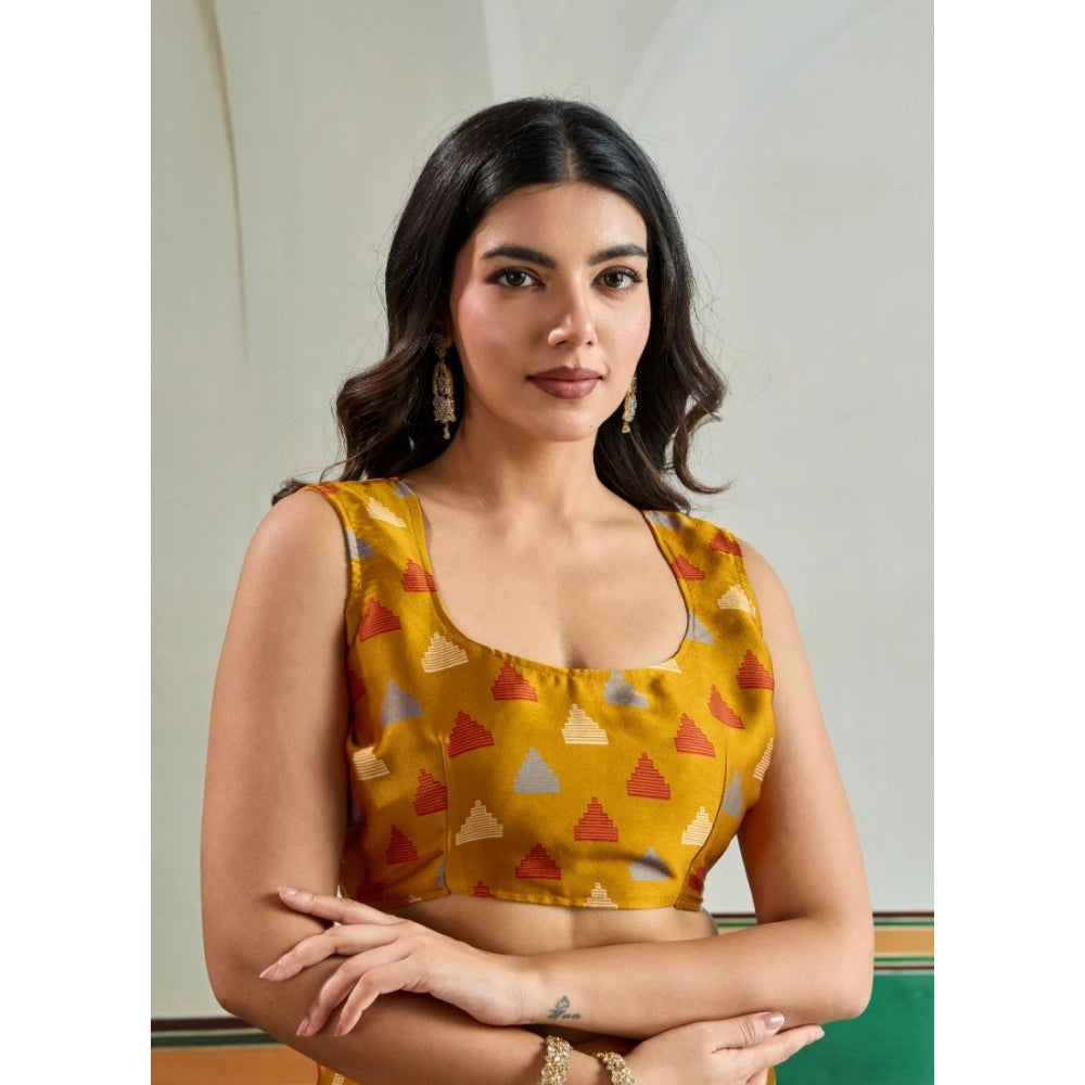 Women's Satin Crepe Printed Saree With Unstitched Blouse 5.5Mtr (Mustard)