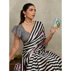 Women's Satin Crepe Printed Saree With Unstitched Blouse 5.5Mtr (Black)