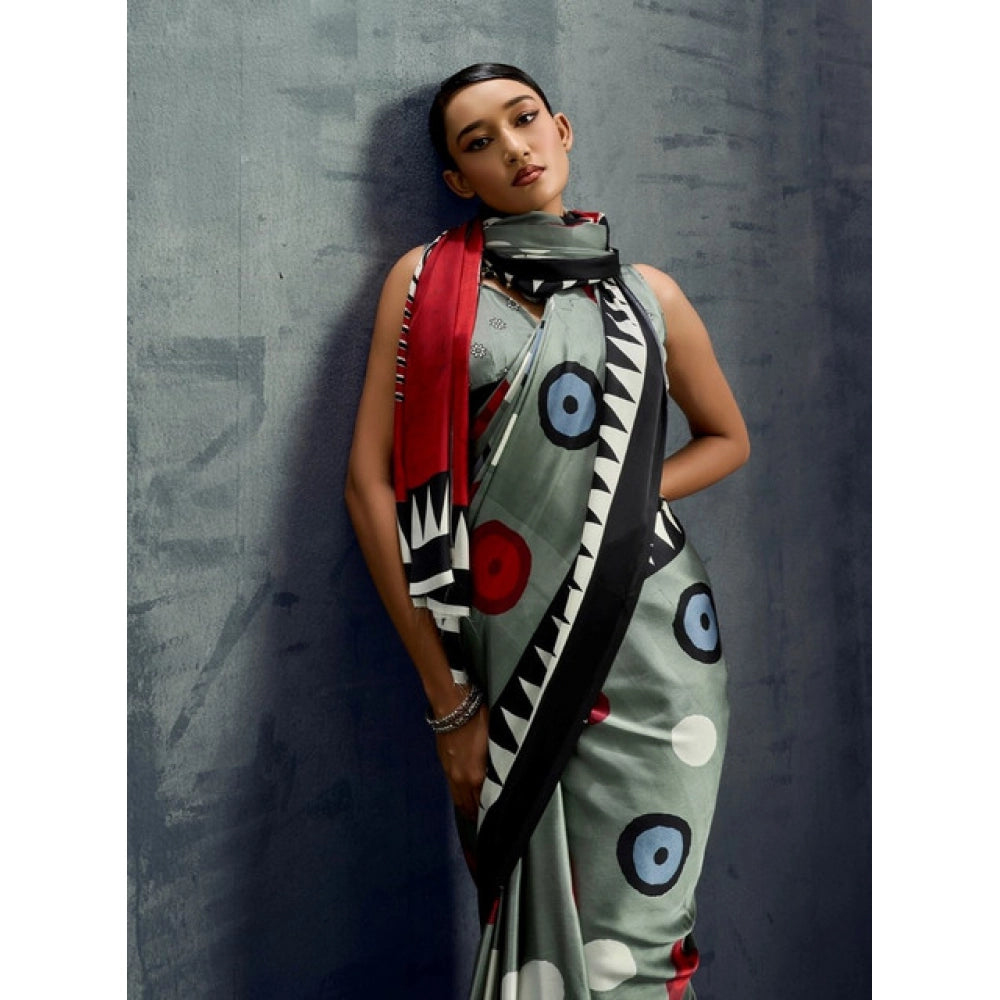 Women's Satin Crepe Printed Saree With Unstitched Blouse 5.5Mtr (Multicolor)