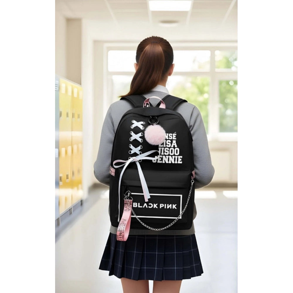 Unisex PU Leather Solid Medium Zipper Backpack (Black)