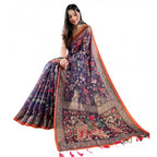 Women's Linen Printed Saree With Unstitched Blouse 5.5Mtr (Blue)