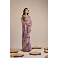 Women's Blended_Cotton Floral Motifs And Woven Buttas Saree With Unstitched Blouse 5.5Mtr (Lavender)