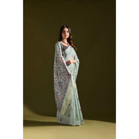 Women's Blended_Cotton Floral Saree With Unstitched Blouse 5.5Mtr (Aqua_Blue)