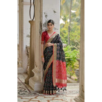 Women's Silk_Blend Ethnic Ikat Pattern Saree With Unstitched Blouse 5.5Mtr (Black)