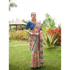 Women's Faux_Tussar Kalamkari_Print Saree With Unstitched Blouse 5.5Mtr (Blue)
