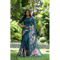 Women's Faux_Tussar Floral Saree With Unstitched Blouse 5.5Mtr (Teal)