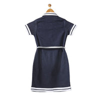 Girl's Denim Lycra Ribbed Elasticated Dress with Belt (Navy Blue-White)