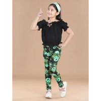 Girl's Cotton Lycra Floral Elasticated Jeggings (Black-Green)