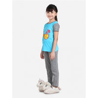 Girl's Cotton Hosiery Printed Night Suit Set (Blue-Grey)