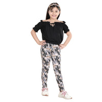 Girl's Cotton Floral Elasticated Jegging and Top Set (Black)