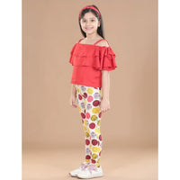 Girl's Cotton Floral Elasticated Jegging and Top Set (Red)