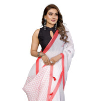 Women's Linen Cotton Printed Saree With Unstitched Blouse 5.5Mtr (White)