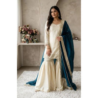 Women's Silk Embroidered 3/4th Sleeve V-Neck Kurti With Sharara Pant and Dupatta Set (Cream &amp; Teal)