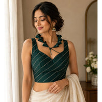 Women's Silk Embellished Sweetheart Neck Sleeveless Readymade Padded Blouse (Green, Size 38)