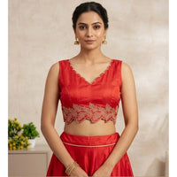 Women's Silk Embroidered Sweetheart Neck Sleeveless Readymade Padded Blouse (Red, Size 38)
