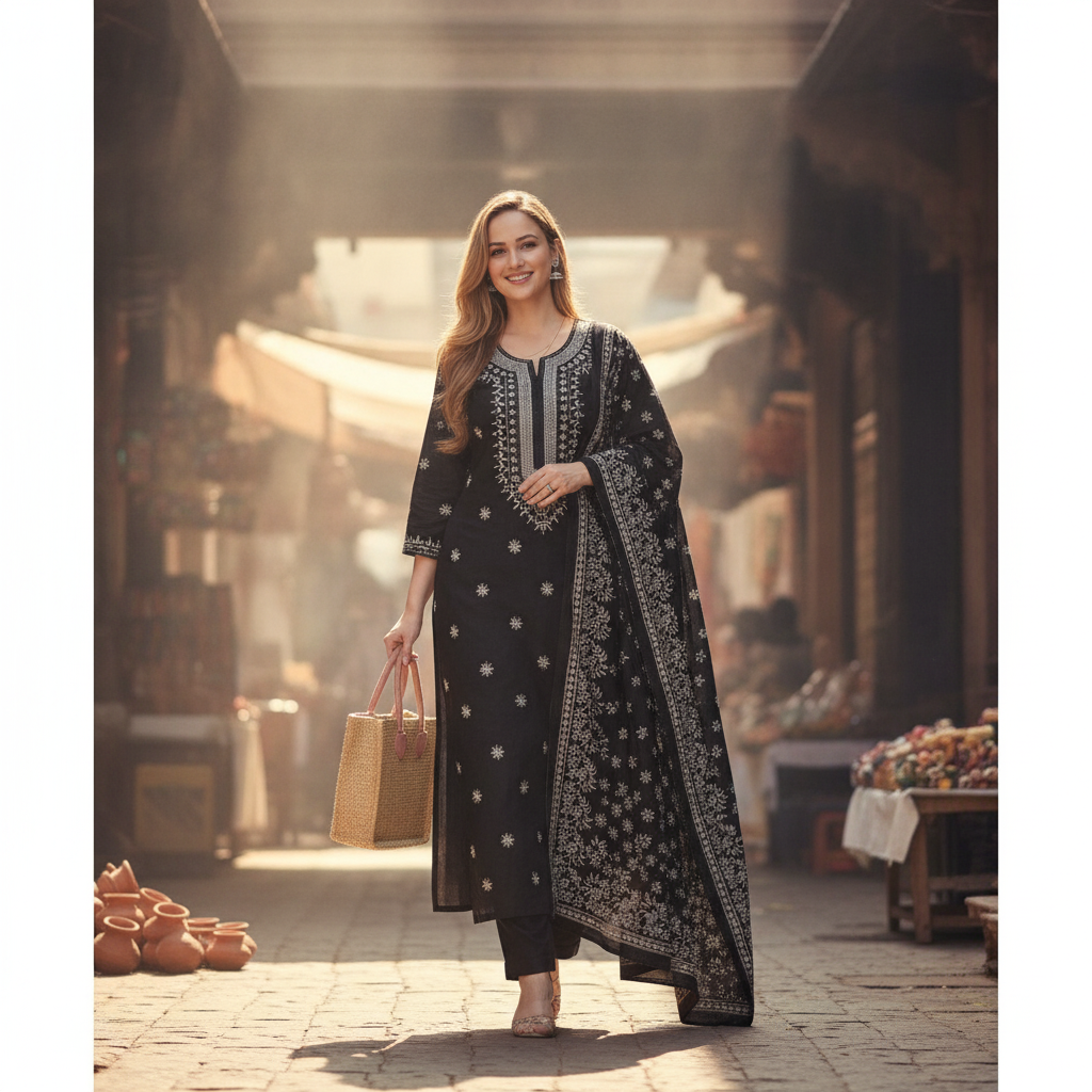 A smiling woman in a black Chanderi silk ethnic motif kurti set walks through a sunlit outdoor market, carrying a jute bag.