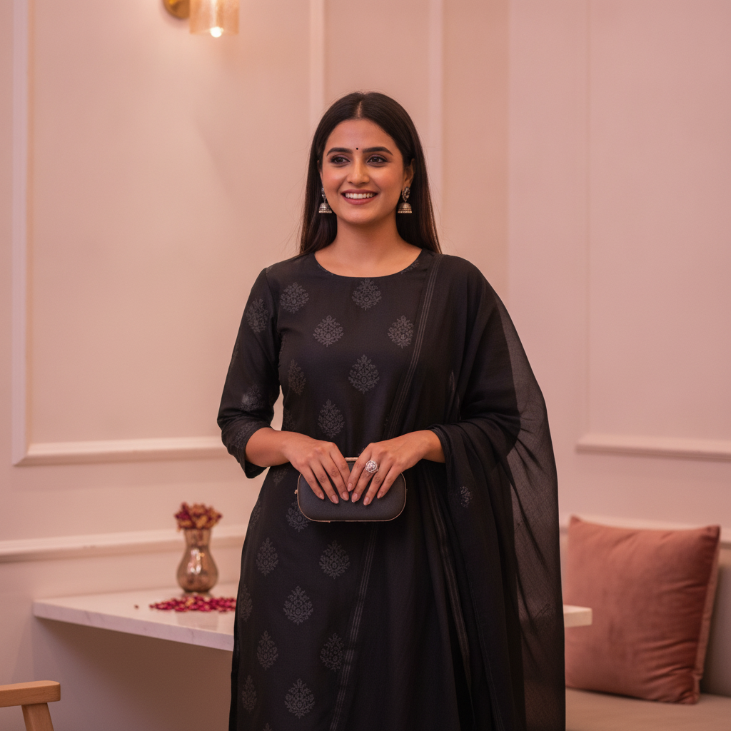 A smiling South Asian woman in a black Chanderi silk kurti set, holding a clutch, in a warm cafe setting.