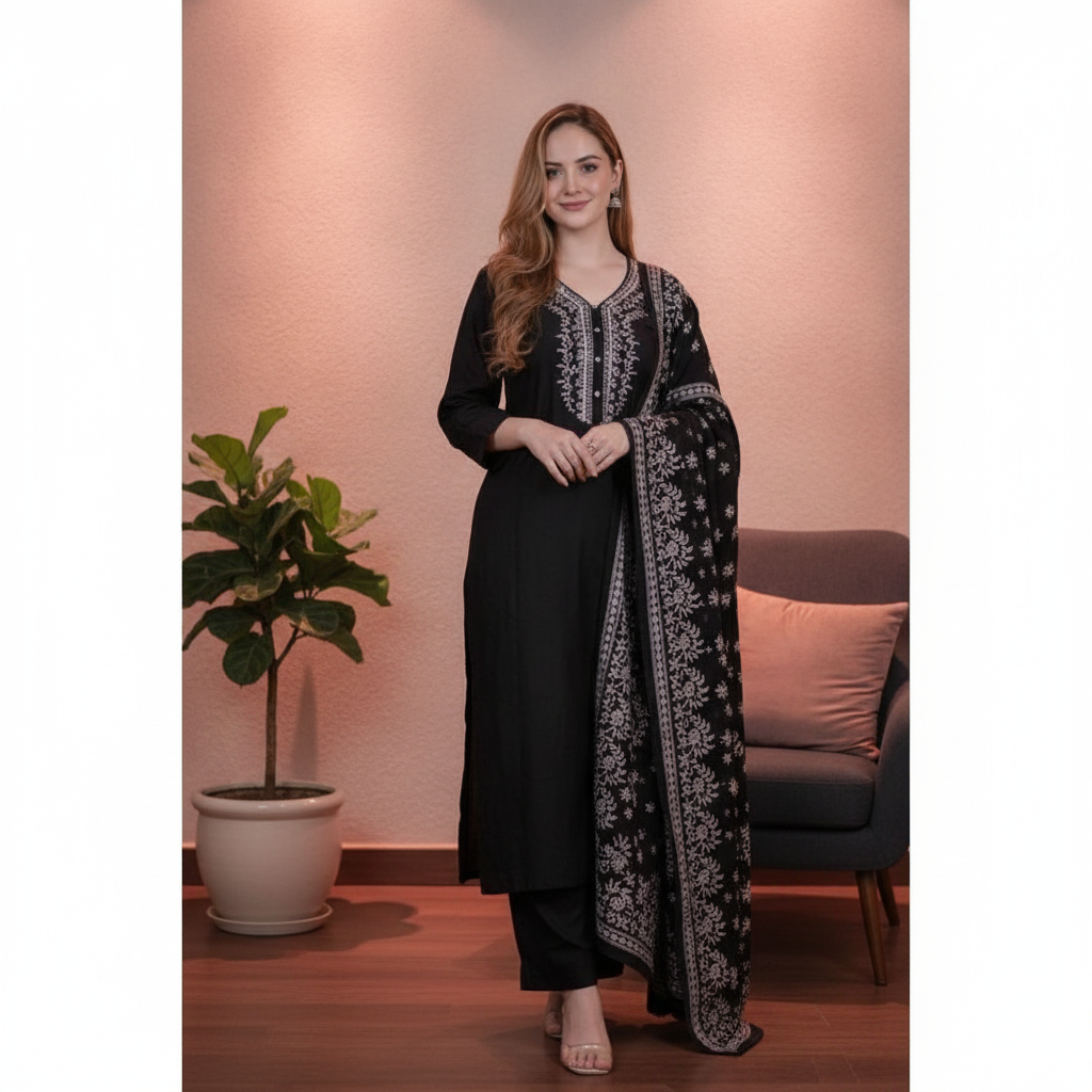 A woman models a black Chanderi silk kurti set with ethnic motifs, round neck, and 3/4th sleeves, paired with matching pants 