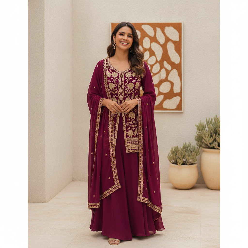 Generic Women's Georgette Embroidery 3-4th Sleeve V-Neck Kurti, Palazzo And Dupatta Set (Wine) - editorial-ugc-strip