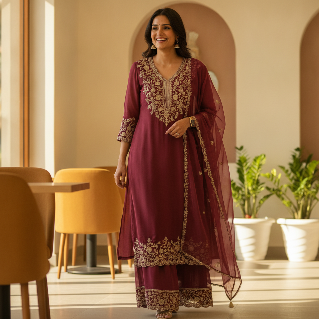 Generic Women's Georgette Embroidery 3-4th Sleeve V-Neck Kurti, Palazzo And Dupatta Set (Wine) - editorial-ugc-strip