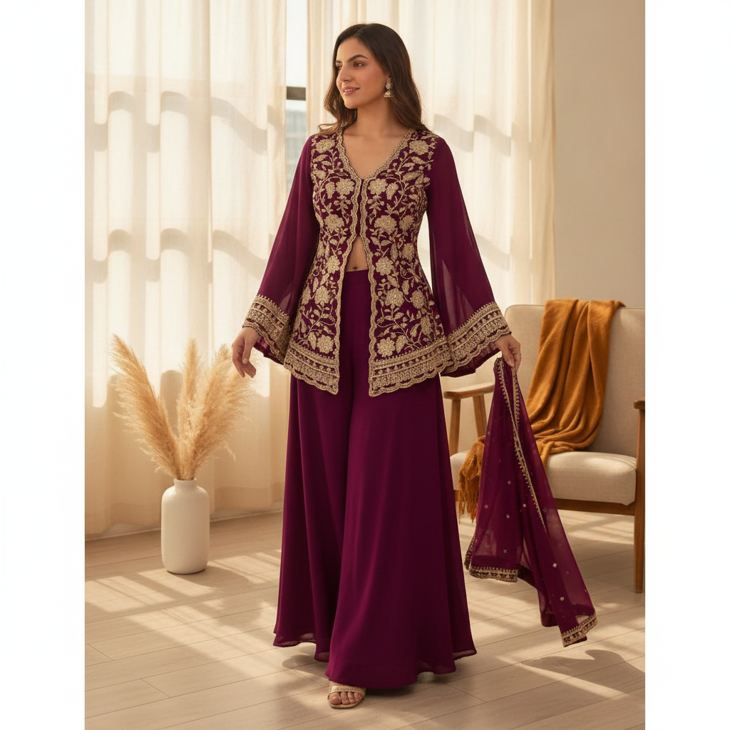 Generic Women's Georgette Embroidery 3-4th Sleeve V-Neck Kurti, Palazzo And Dupatta Set (Wine) - editorial-ugc-strip
