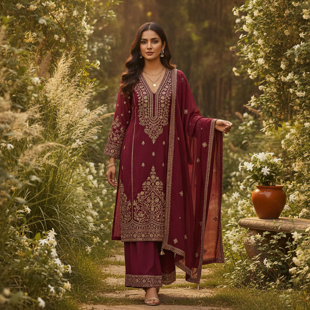 Generic Women's Georgette Embroidery 3-4th Sleeve V-Neck Kurti, Palazzo And Dupatta Set (Wine) - editorial-ugc-strip