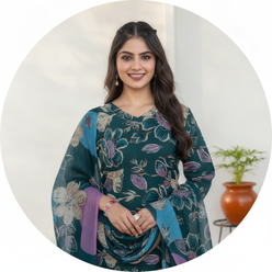 Generic Women's Cotton Blend Printed Kurti With Pant Dupatta Set (Rama) - editorial-used-by