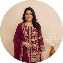 Generic Women's Georgette Embroidery 3-4th Sleeve V-Neck Kurti, Palazzo And Dupatta Set (Wine) - editorial-used-by