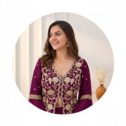 Generic Women's Georgette Embroidery 3-4th Sleeve V-Neck Kurti, Palazzo And Dupatta Set (Wine) - editorial-used-by