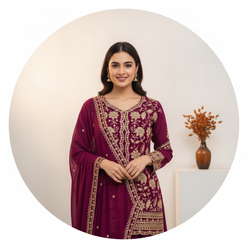 Generic Women's Georgette Embroidery 3-4th Sleeve V-Neck Kurti, Palazzo And Dupatta Set (Wine) - editorial-used-by