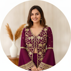 Generic Women's Georgette Embroidery 3-4th Sleeve V-Neck Kurti, Palazzo And Dupatta Set (Wine) - editorial-used-by